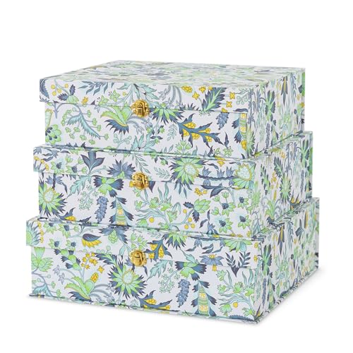 Soul & Lane - Floral Boxes with Gold Hardware, Set of 3, Midnight Garden | Large Stacking Keepsake Boxes with Lids for Home Decor and Organizing, Pretty Elegant Cardboard Paper Storage Trunks - color: Midnight Garden