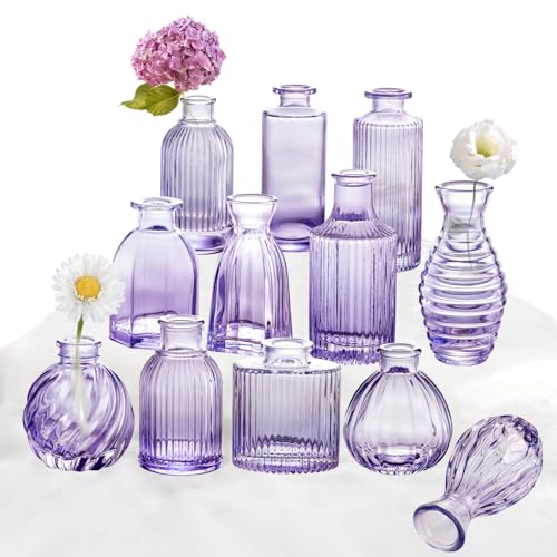 Glass Bud Vases Set of 12, Small Purple Vase Glass Vases for Flowers Modern Ribbed Colored Bud Vase for Decor Wedding Flower Vase in Bulk Vintage Decor Bridal Shower Centerpieces Home Table Decoration - color: Purple, size: 1 Pack