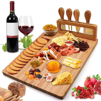 Widousy Bamboo Cheese Board Set, Cheese Tray, Charcuterie Board and Serving Meat Platter with 4 Stainless Steel Cheese Knives, Ideal for Wedding Gifts Christmas Birthday Party (14''x11'')