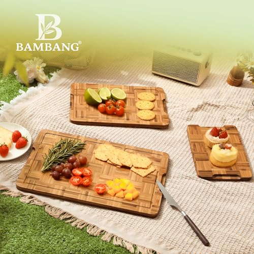 BAMBANG Bamboo Cutting Board for Kitchen with Juice Groove, End-Grain Butcher Block Chopping Boards, Checkered Wooden Cutting Boards Set of 3 with Stand, Knife-Friendly, Serving Tray - color: End Grain