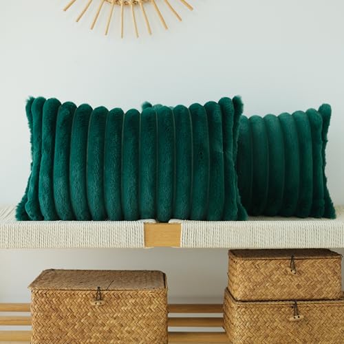 JOJUSIS Faux Fur Plush Throw Pillow Covers, Dark Green, 12 x 20-Inch | Pack of 2, Couch Cushion Case, Soft Pillowcases, Decorative - color: Dark Green, size: 20" x 12" (Pack of 2)