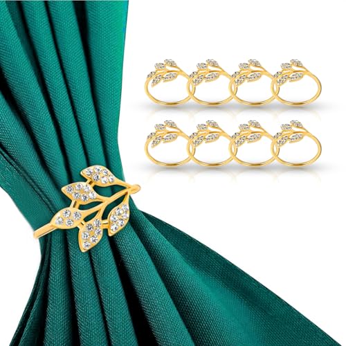 6Pcs Gold Alloy Leaf Napkin Rings, Decorative Napkin Ring Holders | Shiny White Rhinestone Gold Napkin Rings, Decor for Weddings, Daily Dining Tables & Curtain Styling