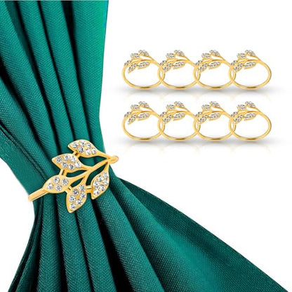 6Pcs Gold Alloy Leaf Napkin Rings, Decorative Napkin Ring Holders | Shiny White Rhinestone Gold Napkin Rings, Decor for Weddings, Daily Dining Tables & Curtain Styling