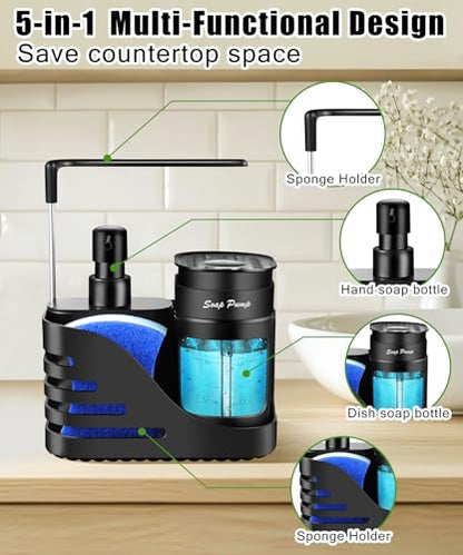 Kitchen Soap Dispenser Set, 4-in-1 Dual Hand and Dish Soap Dispenser with Sponge Holder and Dishcloth Holder for Kitchen Sink (Black) - color: Black