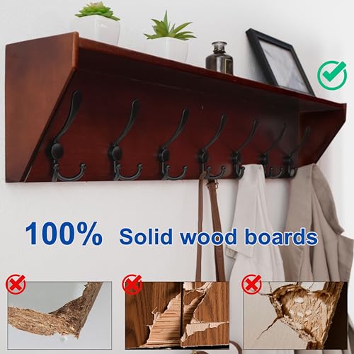 WEBI Coat Rack Wall Mount with Shelf,35" Long Wall Shelf with Hooks Underneath,7 Triple Hooks for Entryway,Hallway,Bedroom,Cherry - color: Cherry, size: 35 Inch