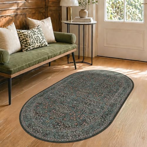 Washable 3x5 Oval Entryway Rugs, Small Oval Area Rugs for Bathroom, Kitchen, Bedroom, Reading Corner, Laundry Room, Mudroom, Non-Slip Stain Resistant Low Pile Throw Rug Indoor Door Mat (Dark Green) - color: Dark Green / Black, size: 3' x 5' (Oval)