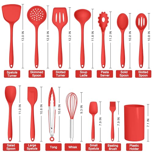 HaWare Kitchen Utensils, 14 PCS Silicone Cooking Utensils Set, Heat Resistant Kitchen Utensils for Non-stick Cookware, Kitchen Gadgets Tools with Spoons, Spatulas, Whisk, Dishwasher Safe (Red) - color: Red