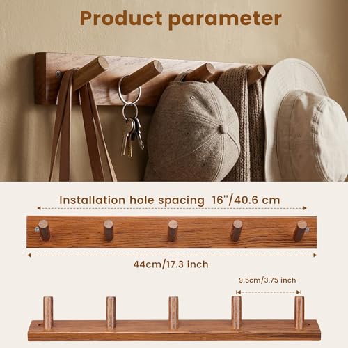 Natural Teak Wall-Mounted Coat Rack (Set of 2, 16'' Hole to Hole) - Farmhouse Entryway Hooks with 5 Wooden Hooks Each, Rustic for Bathroom, Mudroom 2P - color: Teak wood 1-2P