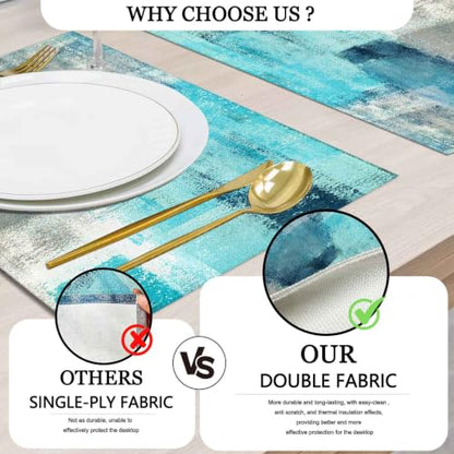 Mcalk Farmhouse Turquoise Table Runner and Placemats Set of 6 Pieces,Teal Turquoise Placemats Modern Art,Blue Grey Abstract Art Cloth Place Mats for Kitchen,Linen Material for Dining Table - color: 01turquoise