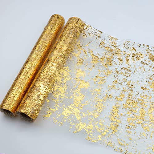 Snowkingdom 2 Pieces Gold Table Runner, Sequin Glitter Foil Metallic Thin Mesh Runner Roll 11"x108", Gold Table Decorations for Event Party, Wedding, Birthday Party, Christmas - color: Gold, size: 9FTx2