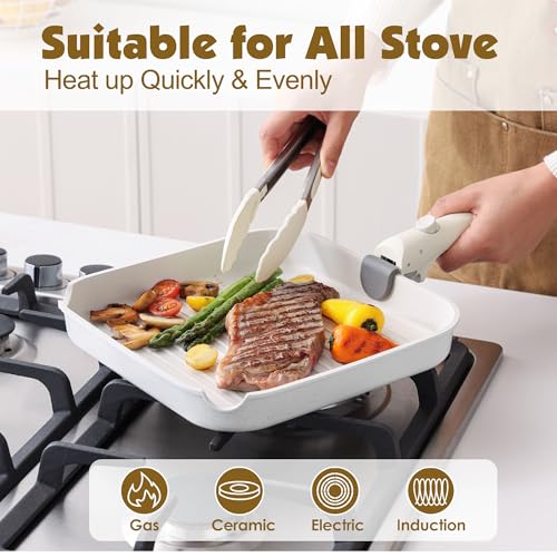 SENSARTE 17 Piece Nonstick Detachable Handle Pots and Pans Set White | Removable Handle Cookware Set, Induction Cookware Set with Removable Handle, Healthy Non Stick for RV, Dishwasher ＆ Oven Safe - color: White, size: 17 Piece
