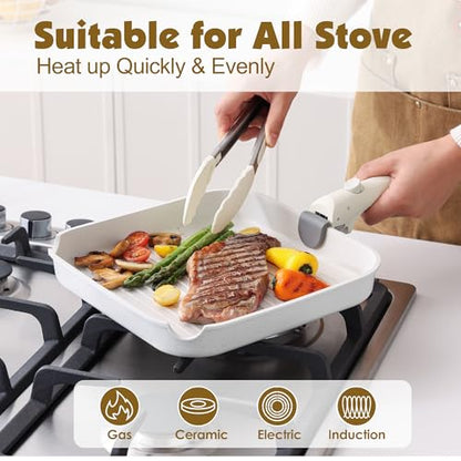 SENSARTE 17 Piece Nonstick Detachable Handle Pots and Pans Set White | Removable Handle Cookware Set, Induction Cookware Set with Removable Handle, Healthy Non Stick for RV, Dishwasher ＆ Oven Safe - color: White, size: 17 Piece