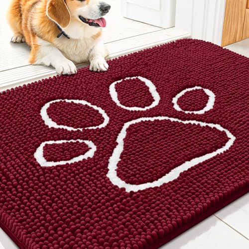 Smiry Dog Door Mat for Muddy Paws, Absorbent Non Slip Dirt Trapper, 30x20 | Burgundy and White, Quick Dry Washable Chenille Mat for Mud Dogs, Entry Rug for Indoor and Outdoor - color: Burgundy and White, size: 30"X20"