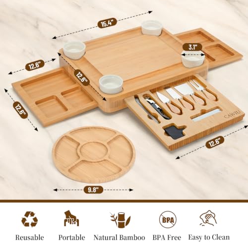 Large Bamboo Charcuterie Board Set with Lid, Drawers, Black | Includes serving utensils and a fruit tray for easy entertaining; ideal for housewarmings, weddings and bridal showers. - color: Black