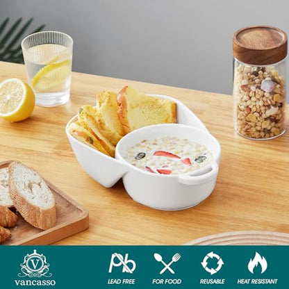 vancasso Starry Chip and Dip Bowl, Anti-Soggy Cereal Bowl, Soup and Sandwich Plate Combo, Breakfast Powls, Divided Snack Bowls Gifts for Wedding Housewarming Party, 2 Pack(White) - color: White