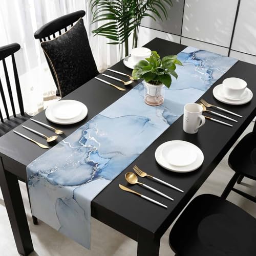 Marble Table Runner 90 Inches Long - Ombre Blue Marble Grey Farmhouse Modern Kitchen Dining Burlap & Cotton Tablerunner for Small/Round/Square/Wedding/Coffee/Dining Table Party Home Décor - size: 13 x 90 In