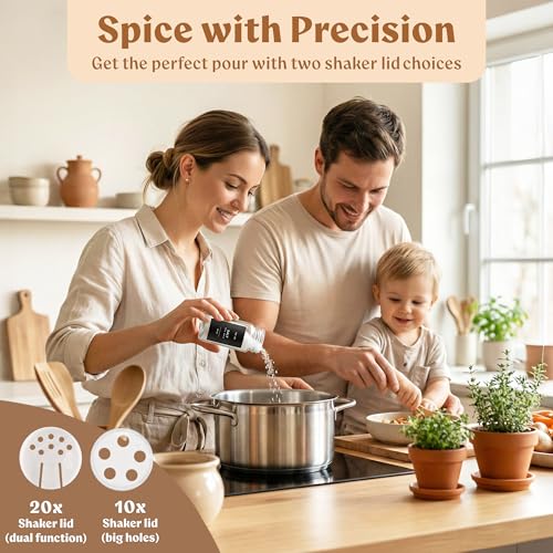 Square Glass Spice Jars (24 x 4oz) with Black Lids + Magnetic Spice Rack for Refrigerator (Fits 12 Jars) + Bonus Slim Auxiliary Rack, 240 Labels, Shaker Inserts, Funnel - color: Black Stainless Steel Lid + Magnetic Rack