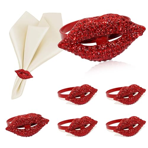 Valentines Day Napkin Rings Set of 6 Red Rhinestone Lip Napkin Ring Holders for Western Wedding Party Bridal Shower Anniversary Dinner Girl Birthday Family Gatherings Dining Table Decor - style: ERW69