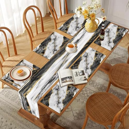 Mcalk Black Marble Table Runner and Placemats Set of 6, Marble Print Placemats, Modern Cloth Place Mats Indoor for Kitchen,Washable Linen Material for Dining Table - color: 02black