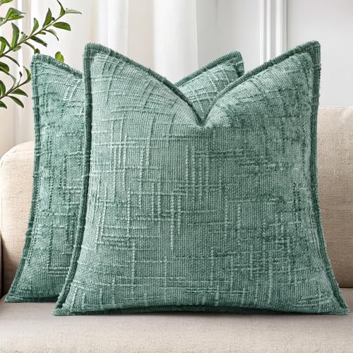 decorUhome Chenille Decorative Throw Pillow Covers 20x20 Set of 2, Aqua | Soft Texture, Slubby Modern Design, Flange Edges, Cozy Accent Pillow Covers for Couch, Sofa, Bed, Living Room - color: Aqua, size: 20" x 20" (Pack of 2)