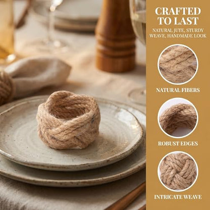 Set of 4 Woven Napkin Rings 2 Inches Round Braided Burlap Rustic Farmhouse Style Coastal Boho Western Rattan Wicker Rings for Summer Napkins and Table Decor