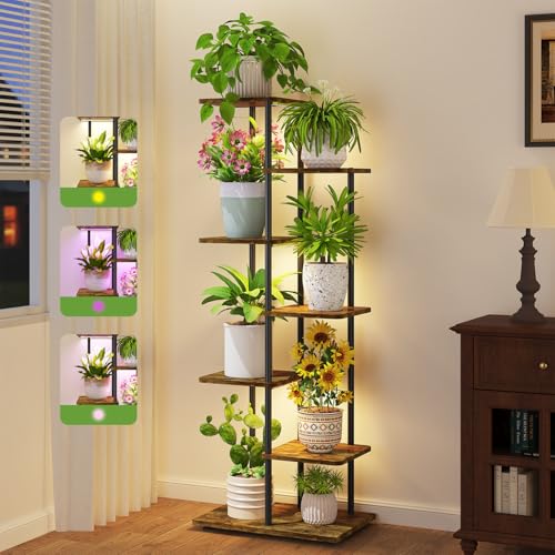 iDavosic.ly Plant Stand Indoor with Grow Lights, Tall 6 Tier Shelf, Brown | Tiered Multiple Flower Holder, Orchid Display Rack for Patio Porch Balcony Outdoor, High Large Narrow Space Saving - color: Rustic Brown with Light, size: 6 Tier