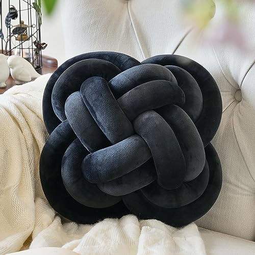 Xuyier Knot Pillow Ball, 12" Decorative Throw Pillows for Couch Bed, Black | Decor Knotted Square Floor Pillow Cushions with Velvet Fabric for Bedroom Living Room - color: Black