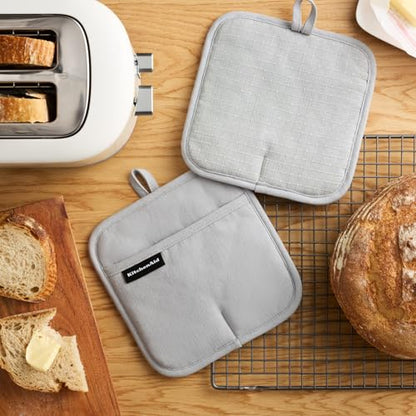 KITCHENAID Gourmet Series Gridlines Pot Holders 2-Pack Set, Heat Resistant up to 600°F, Soft Silicone Grip, Magnetic Cuff, Matte Grey, 8"x8" - color: Matte Grey