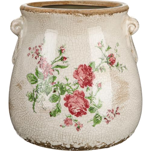 Ceramic Scroll Planter 6.5 Inch Chinoiserie Floral Vase with Drainage Holes Vintage Flower Vase Flower Pot Rustic Ceramic Pots for Indoor Plants Garden Home Bookshelf Decor(Pink Green) - style: Pink Green
