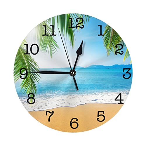 Sea Beach with Palm Trees Wall Clock Battery Operated Silent Round Clock Wall Decor for Home Office School, 9.8 Inch - color: Plam and Beach, size: 10 Inch