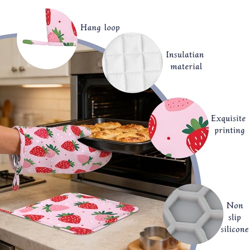 Pink Cute Strawberry Potholders & Oven Mitts Sets Summer Fruits Silicone Heat Resistant Oven Mits and Hot Pads Non-Slip Pot Holders Gloves for Kitchen Chef Cooking Baking Grilling BBQ - color: Pink Cute Strawberry,summer Fruits