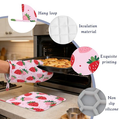 Pink Cute Strawberry Potholders & Oven Mitts Sets Summer Fruits Silicone Heat Resistant Oven Mits and Hot Pads Non-Slip Pot Holders Gloves for Kitchen Chef Cooking Baking Grilling BBQ - color: Pink Cute Strawberry,summer Fruits