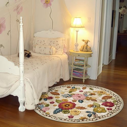Washable 4ft Round Area Rug Beige Boho Floral Non-Slip for Bedroom, Kitchen | Soft Low-Pile Carpet for Pet Feeding Areas, Bathroom, Entryway, Nursery, Kid & Pet Friendly, Stain, Fade & Wear Resistant - color: Beige, Cream, Mustard, Brick Red and Blue, siz