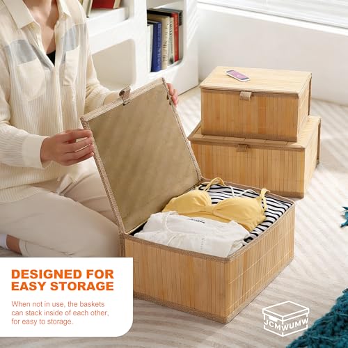 3 Pack Bamboo Decorative Shelf Basket,Woven Storage Boxes with Lined，Nesting Lidded Box with Lids for Toys,Cosmetics,Office,sundries,Closet,natural & eco-friendly bamboo storage organizers