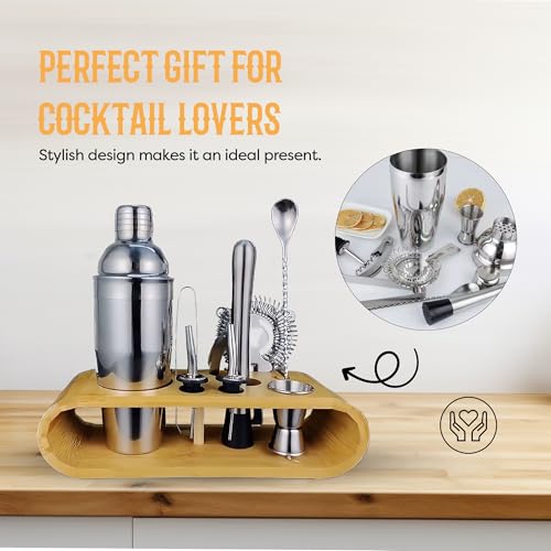 Cocktail Shaker Set Bartender Kit with 10 Bar Tools & Bamboo Stand – Martini Shaker, Jigger, Strainer, Muddler, Mixer Spoon, Pourers – Home Bar Set & Gift for Men (Silver)