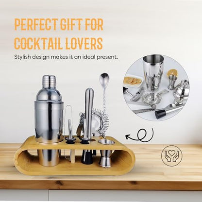 Cocktail Shaker Set Bartender Kit with 10 Bar Tools & Bamboo Stand – Martini Shaker, Jigger, Strainer, Muddler, Mixer Spoon, Pourers – Home Bar Set & Gift for Men (Silver)