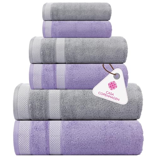 CASA COPENHAGEN Solitaire 6Pcs 100% Egyptian Cotton Large Designer Towels Gift Set- Grey Violet-Purple, 600GSM, 2Bath 2Hand 2Washcloths, Bath Towels for Bathroom Set for Women & Men - color: Solitaire 6pcs Towel Set Grey Violet-purple, size: 6 Pieces