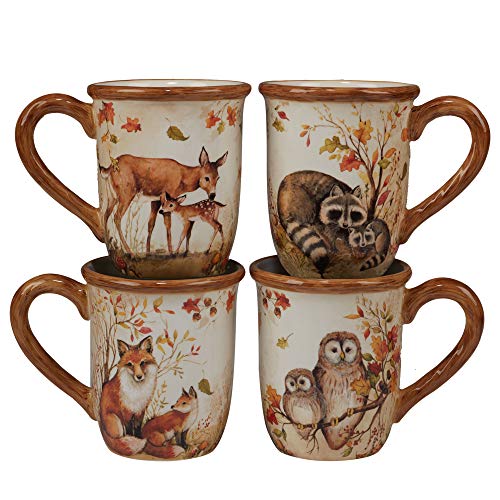 Pine Forest 16 oz. Woodland Ceramic Mugs, Set of 4 – Autumn Wildlife Coffee Cups with Fox, Owl, Deer & Raccoon – Great for Hot Chocolate, Tea, Pumpkin Spice, Fall Gifts, and Cozy Cabin Vibes - size: 4 Count (Pack of 1)
