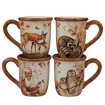 Pine Forest 16 oz. Woodland Ceramic Mugs, Set of 4 – Autumn Wildlife Coffee Cups with Fox, Owl, Deer & Raccoon – Great for Hot Chocolate, Tea, Pumpkin Spice, Fall Gifts, and Cozy Cabin Vibes - size: 4 Count (Pack of 1)