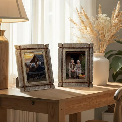 Afuly 5x7 Picture Frames Set of 2 Rustic Wood Farmhouse Unique Photo Frame | Distressed Western with Real Glass & Hemp Rope, Wall and Tabletop, Home Decor Birthday Gifts for Mom Dad Friends - size: 5x7