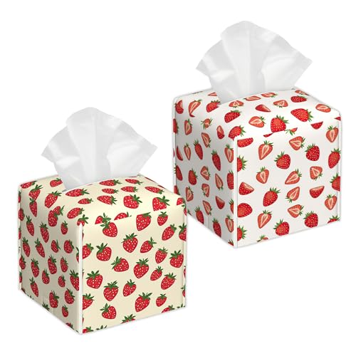 Strawberry 2 Pcs Tissue Box Cover Square, Leather Tissue Box Holder for Bathroom Livingroom Bedroom, Spring Summer Decorations Cube Tissue Holder - color: Strawberry Spring Summer