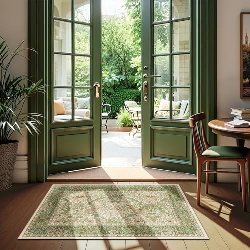 2x3 Washable Small Area Rug Non-Slip Entryway Rug Doormat Pink Green | Soft Low-Pile Throw Rug,Vintage Distressed Botanical Birds Rug,Stain-Resistant Carpet for Kitchen Bathroom Bedroom Entrance - color: Pink Green (Larger Pattern), size: 2' x 3' (Rectang