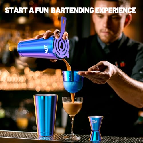 IOV Boston Cocktail Shaker Bar Set, Bartender Kit Drink Mixer Set with 18 oz & 28 oz Boston Shakers, Hawthorne Strainer, Double Jigger, Bar Tool Kit and Recipe Booklet - Rainbow - color: 3 Pcs - Rainbow