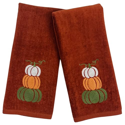 Fall Rust Bathroom Guest Hand Towels, White Green Orange Pumpkins, 16x25" | Set of 2, 100% Soft Cotton Velour, Embroidered Autumn Farmhouse Decor for Bath or Kitchen, Perfect for Parties & Gifts - color: Stacked Pumpkins