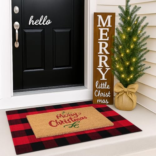Christmas Door Mat Combo Set - 100% Coco Coir Welcome Mat + 28 x 43 Inch Red and Black Plaid Rug, New Year Holiday Christmas Collection Doormat for Front Porch Entryway Decor