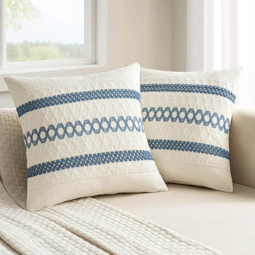 MIULEE Set of 2 Coastal Blue Boho Decorative Pillow Covers 16x16 Inch | Farmhouse Couch Throw Pillows, Modern Cotton Cushion Covers, Macrame Woven Spring Home Decor for Bed Sofa Chair - color: Blue, size: 16" x 16" (Pack of 2)