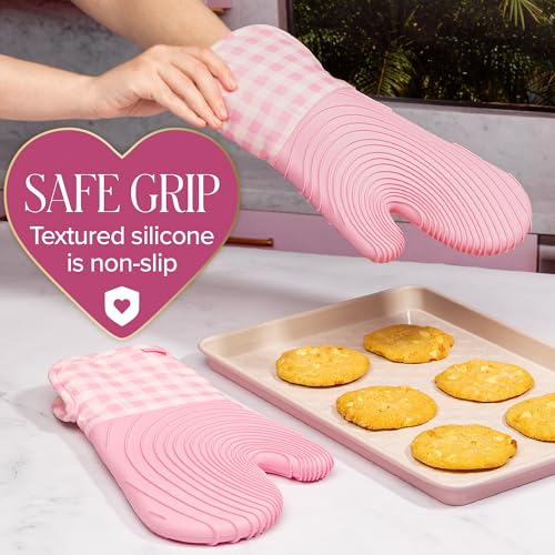 Paris Hilton Oven Mitt Set with Limited Edition Pink Gingham Design, Heat Resistant Pot Holders Featuring Non-Slip Textured Silicone Grips, 2-Piece Set, Pink - style: Pink Gingham