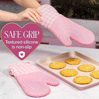 Paris Hilton Oven Mitt Set with Limited Edition Pink Gingham Design, Heat Resistant Pot Holders Featuring Non-Slip Textured Silicone Grips, 2-Piece Set, Pink - style: Pink Gingham