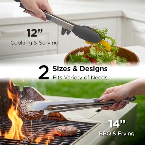 Kitchen Mama DuoEssentials Cooking Tongs Set, Metal Gray | 12" Silicone Tip & 14" Stainless Steel, BBQ Grill Tongs, Locking Ring, Heat Resistant, Non Stick & Dishwasher Safe - color: Metal Gray