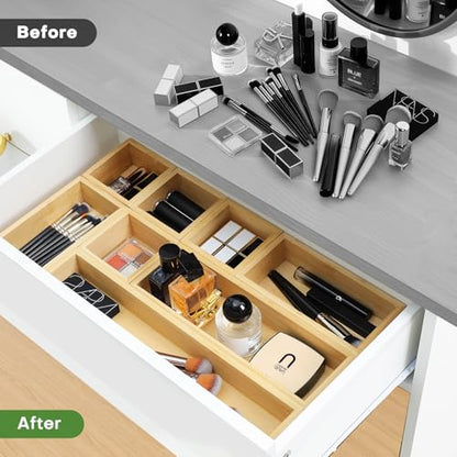 MapleGrace Bamboo Drawer Organizer Set, 9 PCS Wood Storage Organizers | Multi-Use Junk Drawer Divider, Storage Trays Containers for Kitchen, Bathroom, Office Desk, Makeup, Jewelry, Utensils - size: 9